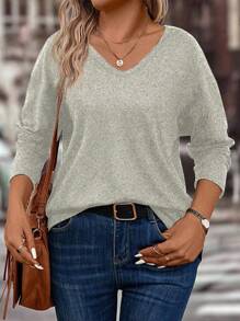 INAWLY Women's Plus Size V-Neck Long Sleeve Dropped Shoulder Loose Soft Knit Sweater, Autumn/Winter Fall Cloth For Women - Apricot - View 5