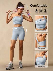 VARSIVA 女士健身套装 女士休闲纯色简约无袖上衣和短裤运动套装 - 霧霾藍 - 查看 1