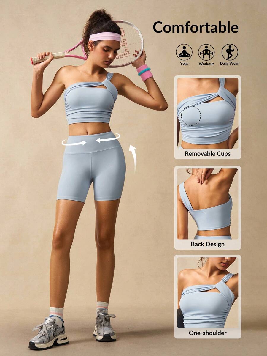 VARSIVA 女士健身套装 女士休闲纯色简约无袖上衣和短裤运动套装 - 霧霾藍 - 查看 1