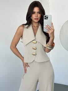 Firerie Women's Casual And Elegant Apricot Faux Linen Wide-Leg Pants Set, Perfect For Commuting And Elegant Looks. /Women's Fall Clothes/Back-To-School Outfits For Women/Teacher Outfits For Women/Teacher Clothes/Business Casual Woman/Business Negotiation/Intellectual Woman Outfits/Metal-Buttoned Babydoll Top/Babydoll Top, - Apricot - View 9