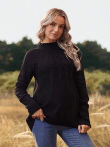 SHEIN Maternity Twist Cable Pattern Raglan Sleeve Casual Versatile Sweater - Black - View 4