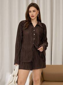 Auralis Plus Size Women's Spring And Summer Fashion Casual Loose Comfortable Pleated Fabric Brown Long-Sleeved Button Shirt And Shorts Two Pieces Set,Going Out Outfits,Hawaii Outfits Women,Vacation Outfits Woman