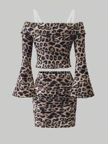 Little Girl's Two Pieces Dress Set, Children's Leopard Print Clothes With Stretchable One-Shoulder Design, Elegant Children's Outfit, Comfortable Clothes Fall Winter - Multicolor - View 2