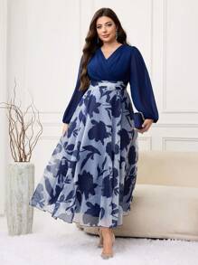 Modelyn Plus Size Elegant Floral Print Patchwork Dress - Navy Blue - View 3