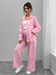 Momance Elegant Casual Butterfly Print Pink Long Cardigan Maternity Set