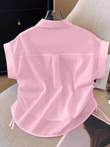 INAWLY 女式骑士与蝙蝠印花侧抽绳休闲短袖衬衫 - 粉色 - 查看 2