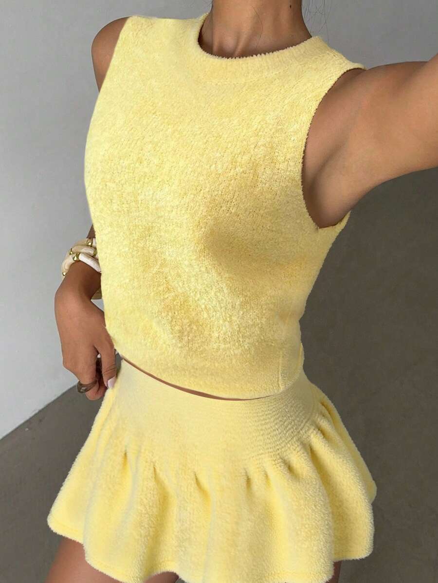 Elenzga Bộ 2 áo len không tay màu vàng thanh lịch cho kỳ nghỉ và váy - Màu vàng - Xem 1