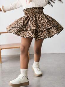 Maija Kids Maija Kids 年轻女孩夏季休闲时尚街头豹纹抽绳高腰双褶边下摆迷你裙 - 咖啡棕 - 查看 4