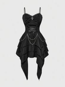 ROMWE Goth 大码复古哥特式可拆卸金属链束腰不对称下摆女式连衣裙 - 黑色 - 查看 5