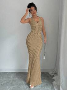 Rafferiza 2pcs/Set Women Sleeveless Deep V-Neck Front Twist Halter Backless Ruched Mermaid Dress - Khaki - View 5