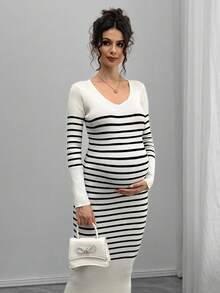 SHEIN Pregnant Women's Casual V-Neck Striped Print Bodycon Sweater Dress