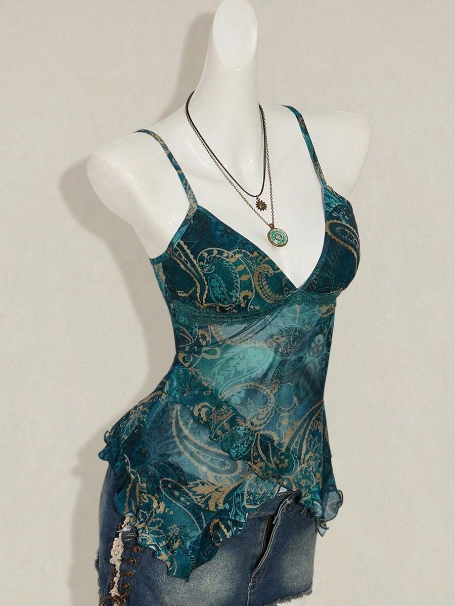 SHEIN ICON Women's Vacation Cashew Floral Print Ruffled Strap Camisole 4th Of July Women Outfits Cute Summer Tops Going Out Tops - Multicolor - View 1