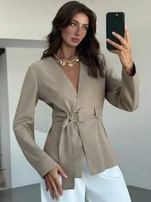 Aloruh 秋冬女士优雅纯色束腰西装外套 - 卡其色 - 查看 2