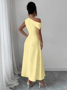 Modelyn Women's Yellow Asymmetrical Neck Waist Fitted Dress, Elegant - Yellow - View 2
