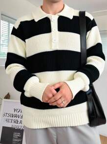 Claim Dot 男士休闲拼色条纹毛衣，秋冬返校条纹毛衣男士男士条纹针织毛衣针织Polo衫男士针织Polo条纹Polo衫 - 黑與白 - 查看 4