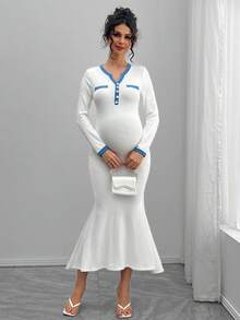 SHEIN Vestido elegante con recorte de bloques de color acanalado, vestido de cola de pez de manga larga con decoración de botones - Blanco - Ver 5