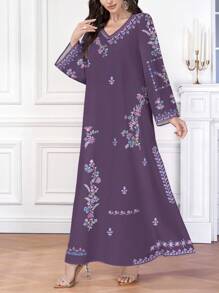 SHEIN Najma 复古优雅花卉印花休闲女式阿拉伯风格V领连衣裙 - 彩色 - 查看 5