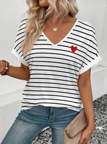 SHEIN Women's V-Neck Short Sleeve Loose Striped Heart Print Bestselling T-Shirt - Multicolor - View 4