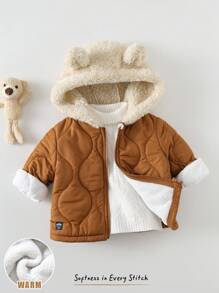 Cozy Pixies 男女宝宝秋冬季加厚保暖连帽外套，可爱小熊耳朵设计，加厚保暖，运动休闲百搭，防寒时尚外套，冬季绗缝外套，男宝宝冬季外套，男童秋季外套，连帽外套 - 棕色 - 查看 3