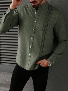 Manfinity Homme Áo sơ mi nam tay dài màu trơn giản dị, họa tiết đơn giản, nhăn, họa tiết trơn, túi vá đôi, nhẹ nhàng, trưởng thành, cài nút khi đi làm, mùa thu - xanh quân đội - Xem 3