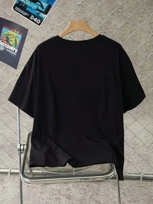 Discovery X SHEIN 大码夏季休闲虎纹圆领短袖T恤 - 黑色 - 查看 2