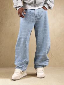 SUMWON Blugi din denim cu model în carouri, cu croială largă, stil streetwear retro, pantaloni casual de toamnă-iarnă, cu design matlasat pătrat - Albastru - Vizualizare 6
