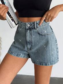 EURMUSE High Waist Rhinestone Deocr Denim Shorts Womens Shorts Women S Outfits  Work Outfits For Women Womens Petite - Light Wash - View 5