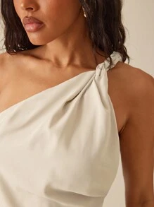 Hauture 女式夏季性感度假单肩扭纹亚麻上衣 - 杏色 - 查看 4