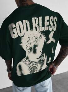 Manfinity EMRG Men's Casual Summer T-Shirt With Figure & Letter Print - Dark Green - View 1