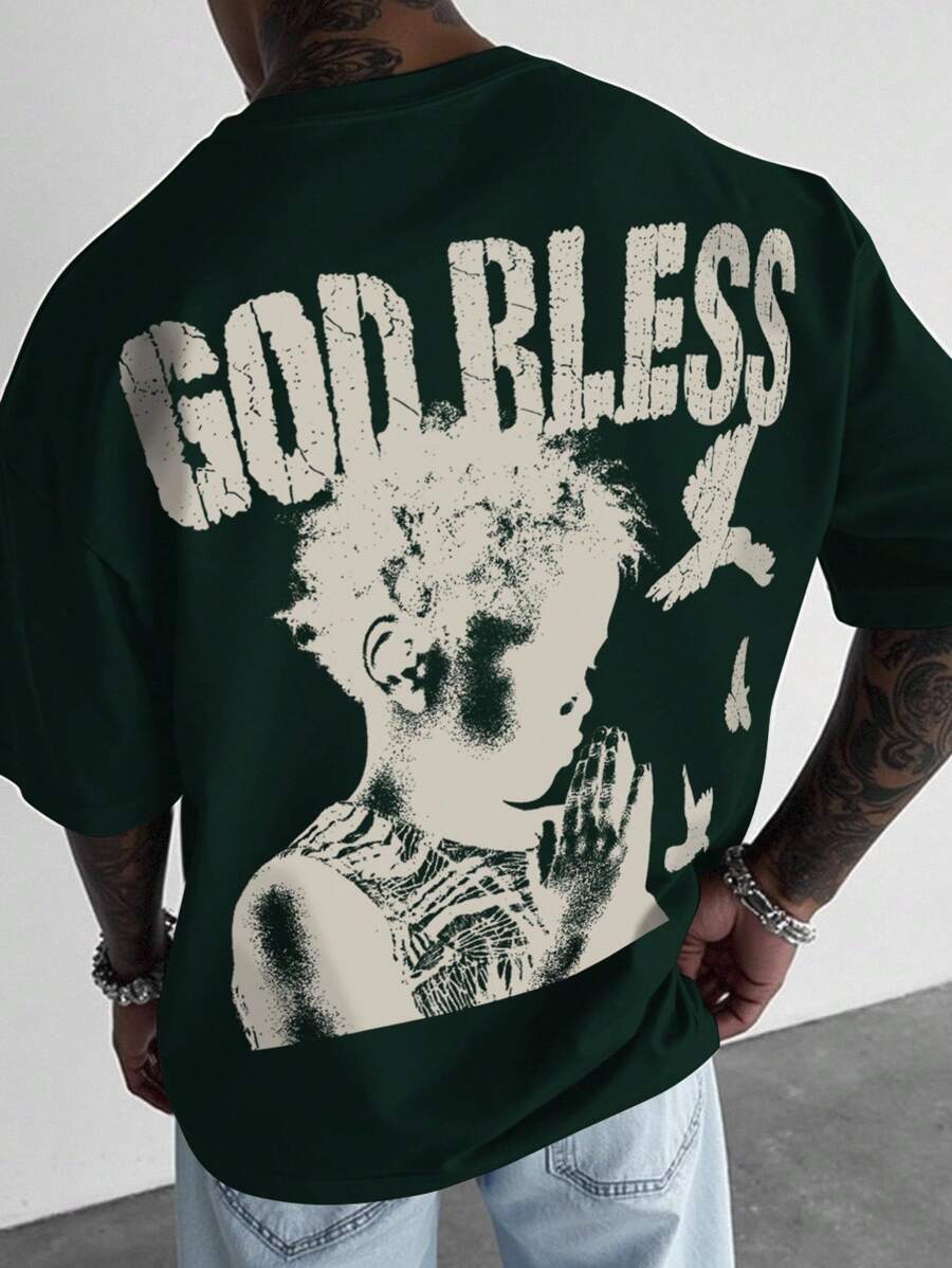 Manfinity EMRG Men's Casual Summer T-Shirt With Figure & Letter Print - Dark Green - View 1