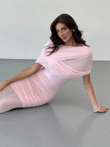 Aloruh 女士优雅纯色褶饰修身连衣裙 - 粉色 - 查看 7