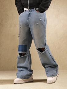 SUMWON Wide Leg Distressed Denim Jeans Y2K Fashion Baggy Relaxed Fit Vintage Style Ripped Knee Contrast Panel Raw Edge Hem Fall Winter Streetwear