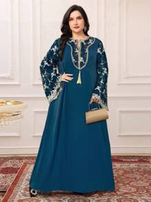 Al Najma Plus Size Women Elegant Embroidered Patchwork Arabian Long Dress,Modest - Teal Blue - View 1