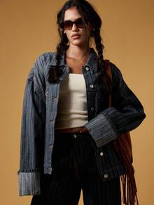 MISSGUIDED 超大牛仔夹克复古风细条纹翻边袖口个性外套秋冬休闲街头风格经典纽扣前襟 - 中等水洗藍 - 查看 5