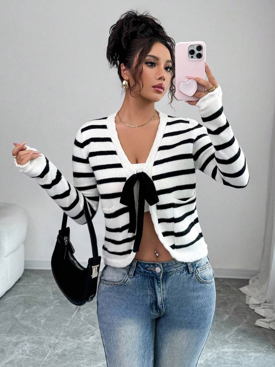 Elenzga New Women's Fashionable & Elegant V-Neck Tie-Up Colorblock Striped Knit Cardigan, Sophisticated Casual Everyday Wear, Autumn/Winter Fall Cloth For Women - Black and White - View 1