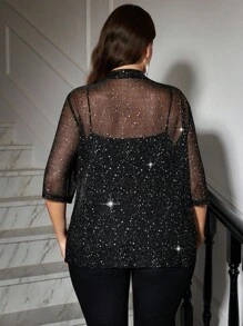 SHEIN Clasi 大码优雅浪漫银色网纱面料黑色亮片外套，黑色亮片上衣，秋季，约会之夜，老钱女性，万圣节服装 - 黑色 - 查看 7