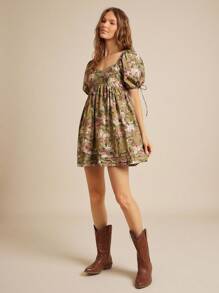 WESTFADE 花卉印花 100% 纯棉府绸甜心领蝴蝶结泡泡袖迷你娃娃裙秋季返校服装乡村音乐会服装 - 彩色 - 查看 4