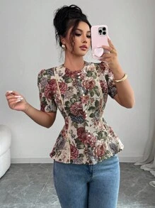 Elenzga Veste courte à manches courtes, taille cintrée et coupe évasée, avec broderie, pour l'automne/hiver