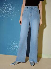 S.W.Smiley x MOTF PREMIUM 水钻细节毛边直筒牛仔裤 - 淺藍色 - 查看 6