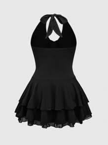 ROMWE J-Fashion Plus Size Women's Punk Cross Decor Multi-Layer Halter Mini Dress - Black - View 2