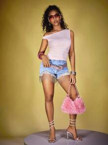 INAWLY Women Solid Color Pleated Asymmetric Collar Casual Summer T-Shirt - Pink - View 3