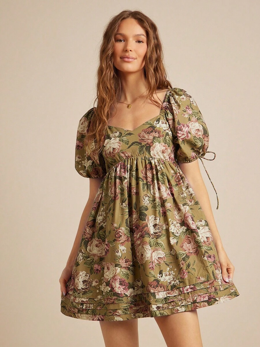 WESTFADE 花卉印花 100% 纯棉府绸甜心领蝴蝶结泡泡袖迷你娃娃裙秋季返校服装乡村音乐会服装 - 彩色 - 查看 1