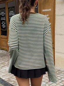 Jouncy 女士条纹圆领落肩长袖休闲宽松T恤 - 薄荷藍 - 查看 2