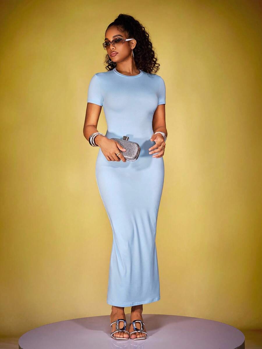 INAWLY Women's Casual Solid Color Slim Fit Extra Long Dress - Baby Blue - View 1