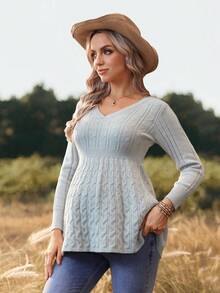 SHEIN Pull de maternité à manches longues en tricot câblé froncé de couleur unie - Gris - Voir 8