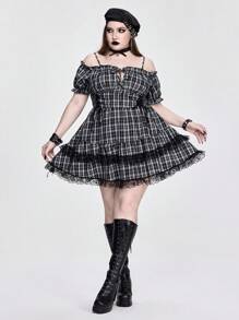 ROMWE Goth Robe mini d'été à manches tombantes décontractée à carreaux pour femmes en grande taille