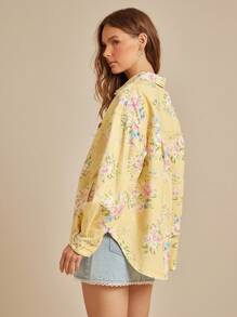 WESTFADE 花卉印花领口纽扣前长袖超大牛仔夹克秋季、秋季、冬季、波西米亚风、可爱、西部风女装，纳什维尔乡村音乐会 - 黃色 - 查看 6