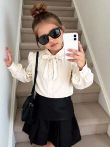 Easowa Young Girl Frenchy Casual Versatile Woven Solid Color Bow Turndown Collar Long Sleeve Fitted White Shirt, Back To School, Back To School, Summer Tops, Young Girl Clothes, Babydoll Top, White Top, White Shirt, Long Sleeve Tops, Cute Tops, Back To School Season, Mom And Daughter & Sisters Matching. - Apricot - View 7