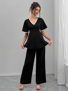 Momance Elegant Solid Color Fitted Shirt And Straight Leg Pants 2 Pieces Maternity Set - Black - View 3