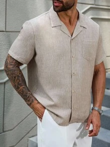Manfinity Homme Camisa de manga corta de unicolor casual para hombre de talla grande, verano - Caqui - Ver 5